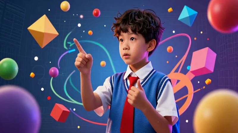 Aprende matemáticas divirtiéndote: Libro 3 de Primaria de Santillana 3 Estudiante alegre con formas geométricas brillantes
