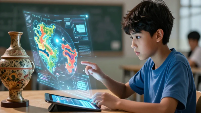 Estudiante estudia artefactos con mapas holográficos digitales