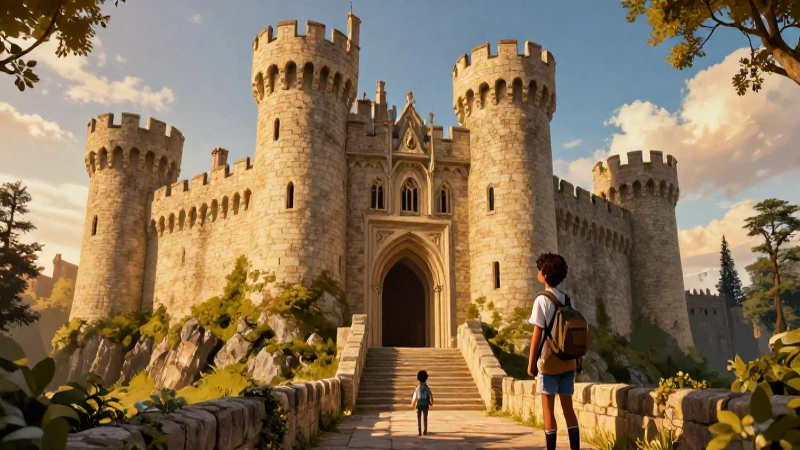 Joven explorador en majestuoso castillo medieval