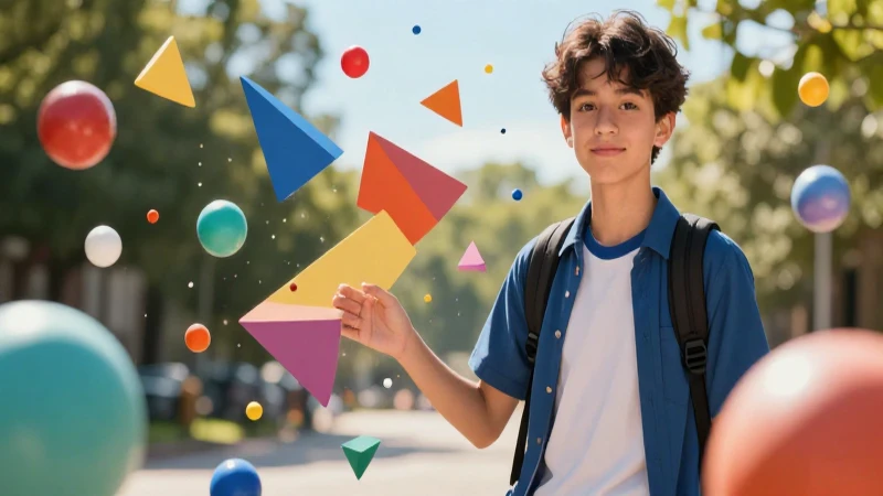 Joven estudiante con formas geométricas abstractas vibrantes