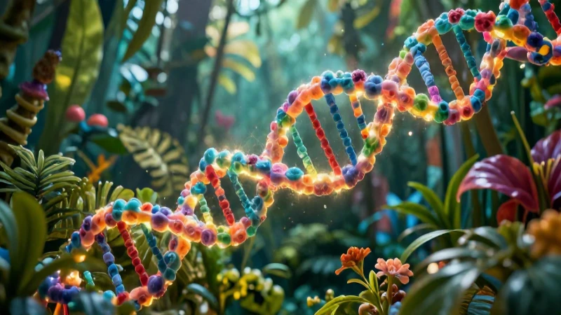 Ilustración de ADN biológica vibrante con flora tropical