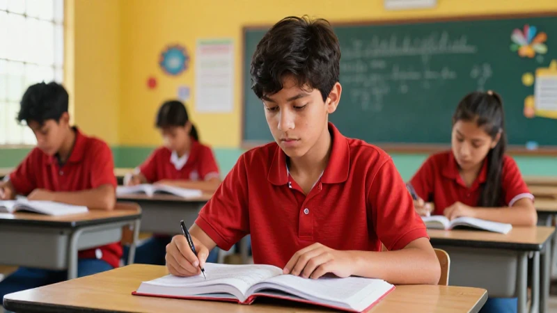 Estudiante de secundaria en un aula vibrante y moderna