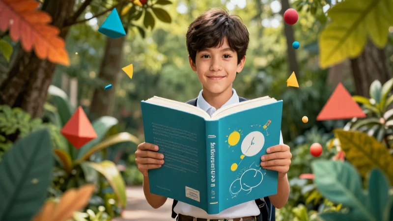 Aprende ciencias naturales fácilmente: libro para 1er grado 5 Estudiante alegre con libro, rodeado de naturaleza vibrante