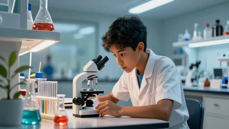 Estudiante curioso en laboratorio moderno y vibrante