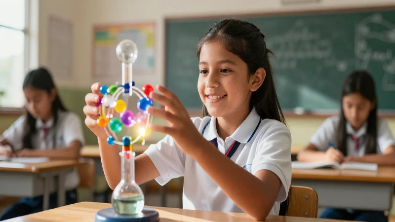 Estudiante sonriente interactúa con modelo científico luminoso