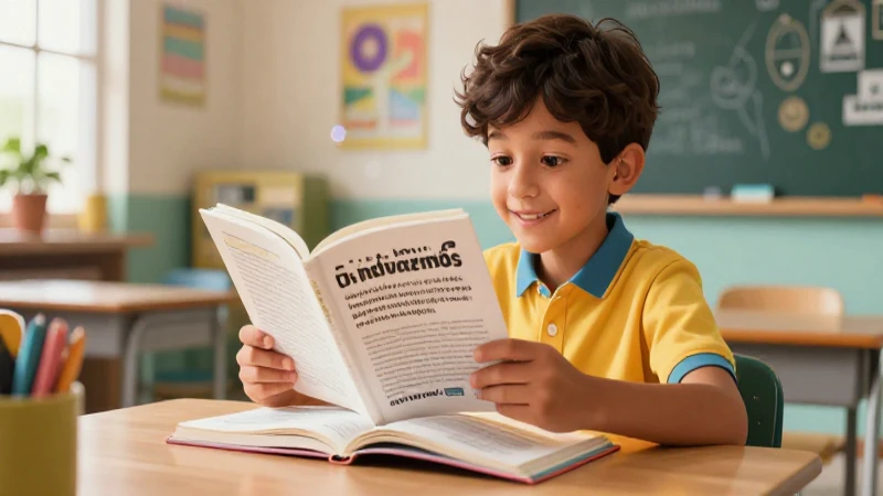 Mejora el aprendizaje con el mejor libro de español para cuarto grado 3 Estudiante sonríe leyendo un libro en clase moderna