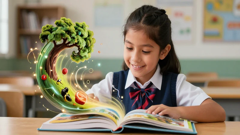 Estudiante feliz leyendo un libro mágico