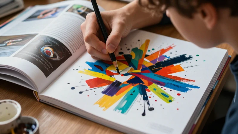 Adolescente pintando arte abstracto vibrante con luz cinematográfica
