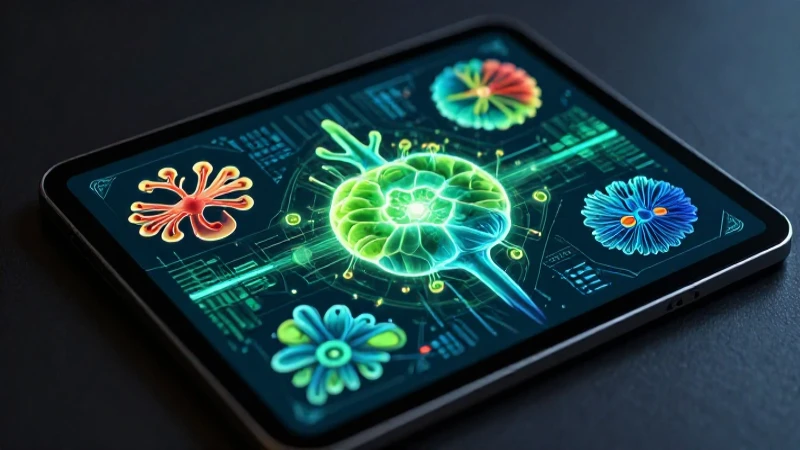 Ilustración digital vibrante con diagrama biológico y datos