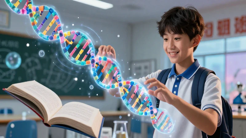 Estudiante sonriente interactúa con ADN holográfico brillante