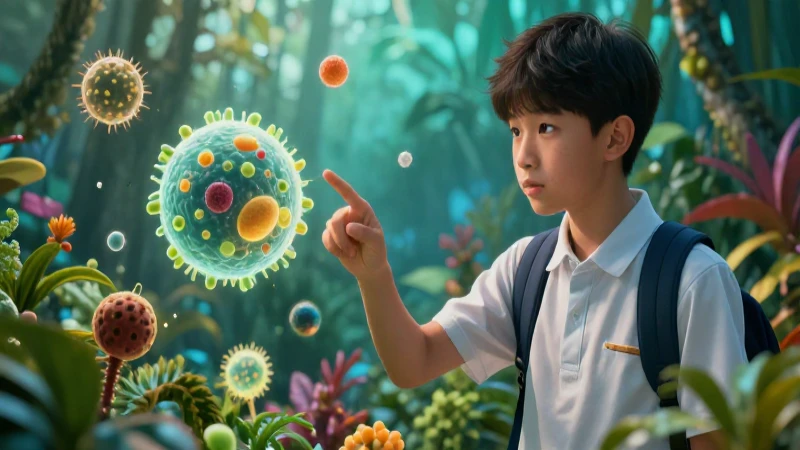 Estudiante interactúa con vida microscópica y flora