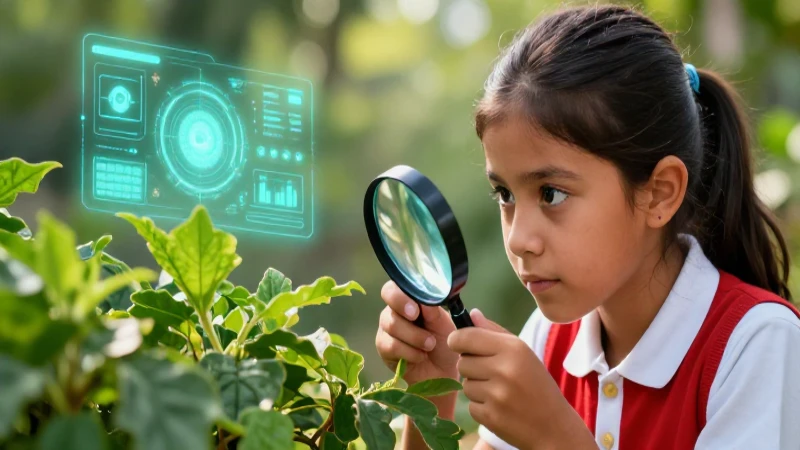 Niño mexicano examina planta con lupa en entorno digital