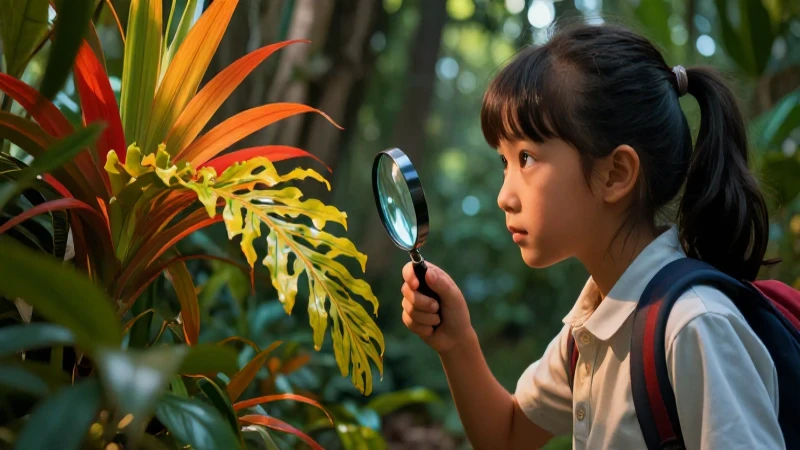 Libro de Ciencias Naturales Segundo Básico PDF Guatemala 8 Niño investigando plantas tropicales con lupa, estilo educativo