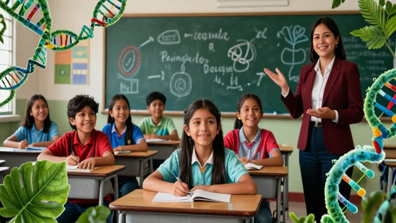 Domina la biología en secundaria con nuestro libro: Explora el mundo biológico en 2022 6 Estudiantes, docente y ADN en un aula vibrante