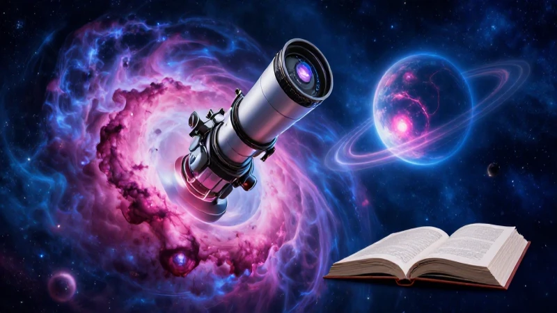 Nebulosa y planeta orbitando un telescopio futurista