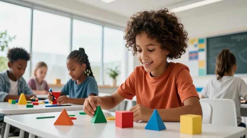 Niño alegre interactúa con bloques geométricos de colores