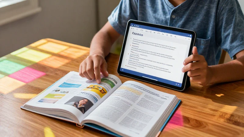 Estudiante aprende español con tablet y libro moderno