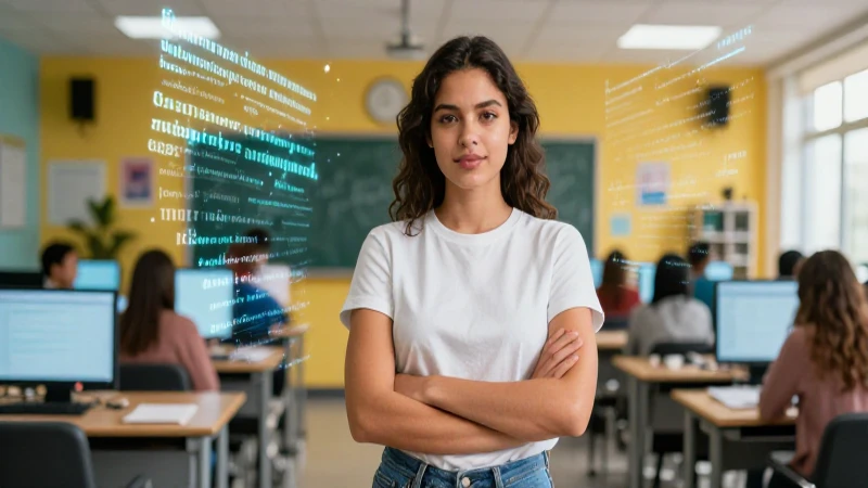 Domina el español con nuestra guía completa: Libro para fluidez total, nivel 4 5 Joven estudiante segura en entorno de aprendizaje dinámico