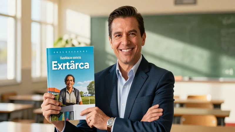 Autor mexicano sonriente en aula con libro moderno