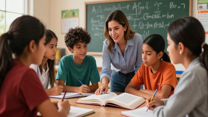 Estudiantes y profesor colaboran con libros de español