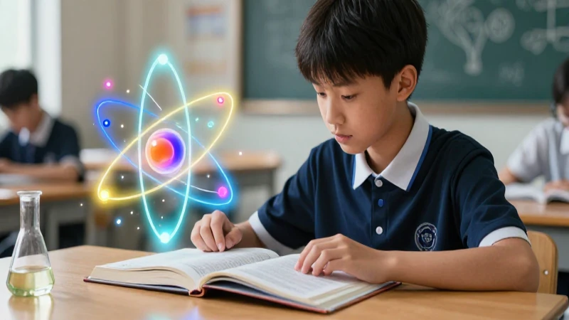 Estudiante interactúa con libro de física futurista