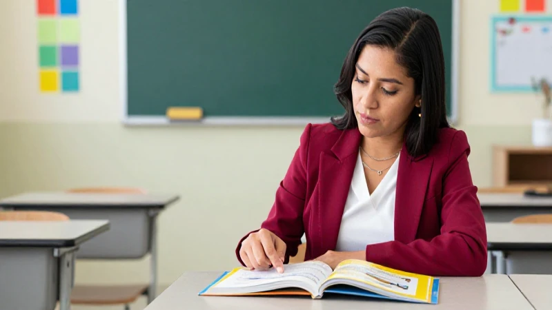 Maestra mexicana señalando un libro colorido