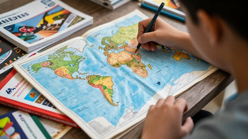 Geografía 1 de secundaria 2021-2022: el recurso definitivo para el éxito 4 Estudiante con mapa vintage y materiales educativos dinámicos