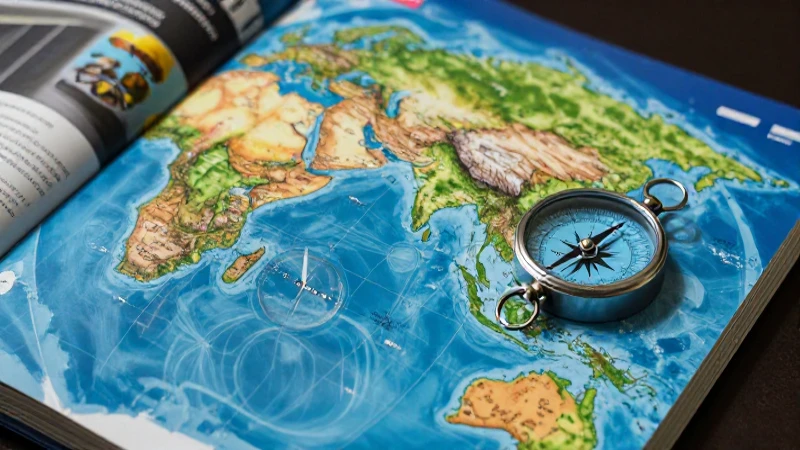 Descarga gratis el Libro de Geografía 1 de Secundaria de Santillana en PDF 4 Libro educativo estilizado con globo y brújula