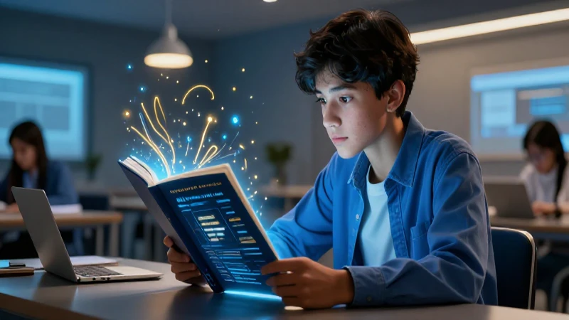 Estudiante concentrado con lectura digital detallada
