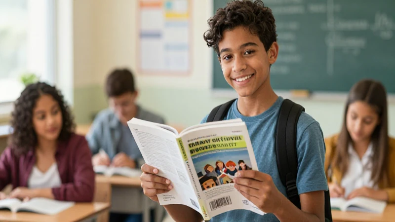 Estudiante sonriente sostiene un libro en un aula