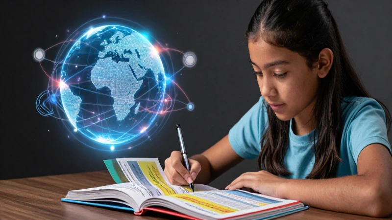 Joven mexicano estudiando inglés, ilustración vibrante