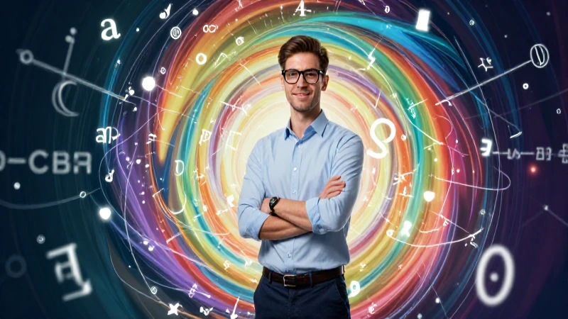 Educador profesional rodeado de símbolos matemáticos vibrantes