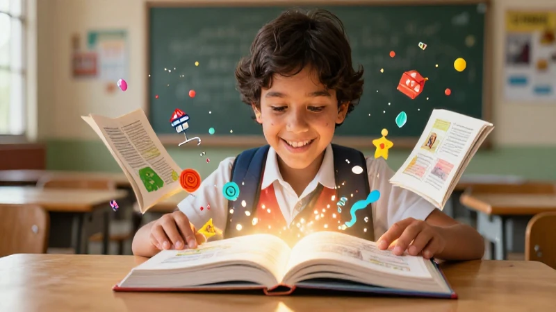Estudiante feliz lee un libro mágico en México