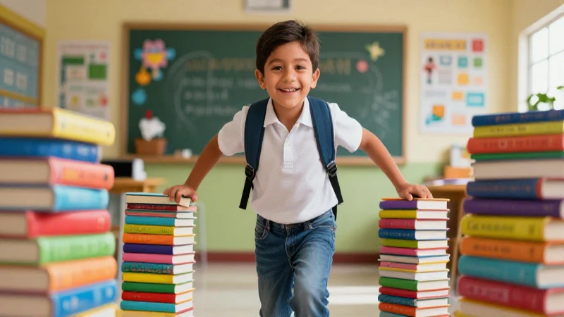 Niño alegre mexicano en entorno de aprendizaje vibrante. (6 palabras)