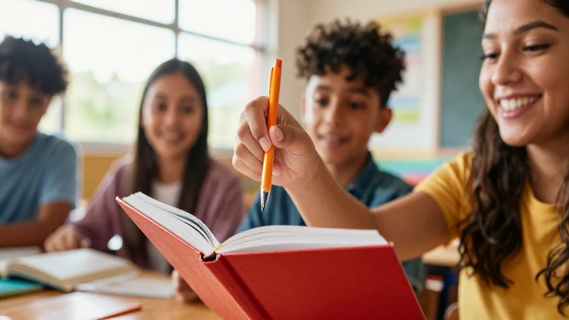 Estudiante feliz en aula iluminada, listo para aprender