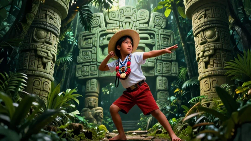 Explorador indígena mexicano en mítica jungla azteca