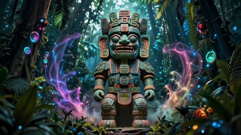 Estatua mesoamericana en jungla mágica y vibrante