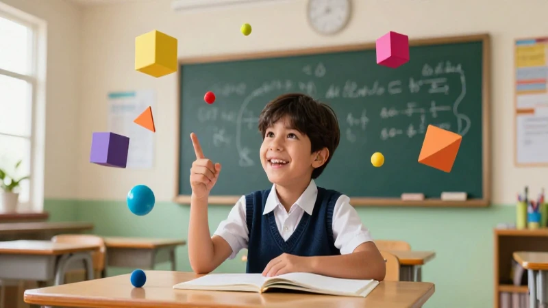 Estudiante sonriente aprende matemáticas en un salón vibrante