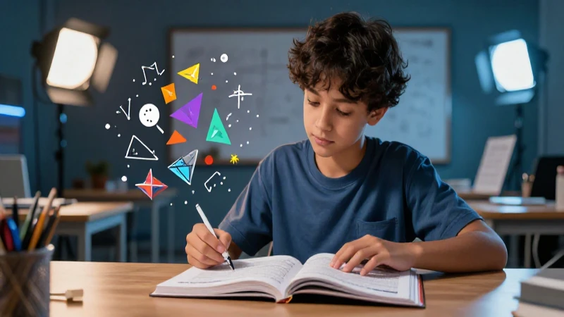 Estudiante estudioso con geometría en un fondo moderno