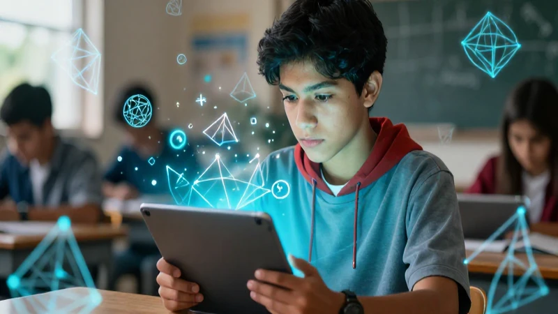 Estudiante mexicano concentrado con símbolos matemáticos digitales