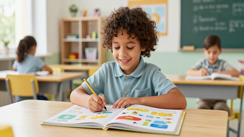 Aprende jugando: Libro de preescolar 3 para imprimir y potenciar el aprendizaje 4 Niño aprendiendo en aula iluminada