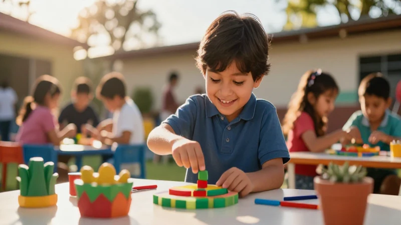 Libro de preescolar de la SEP: Aprender jugando y creciendo 3 Niño mexicano feliz en un aula exterior vibrante