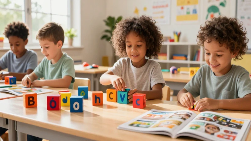Niño feliz juega con bloques de letras coloridos