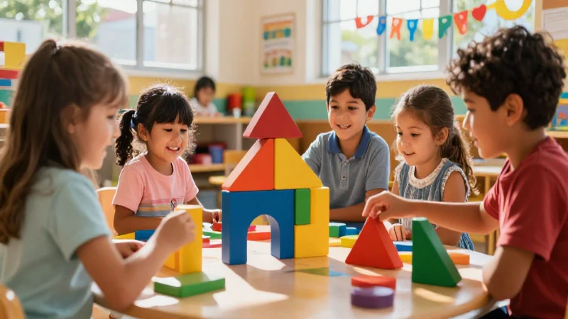 Niños alegres aprendiendo con bloques coloridos