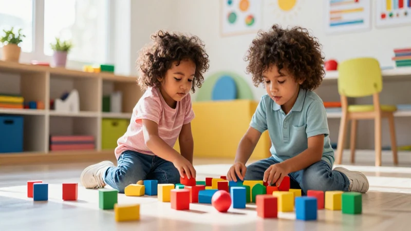 Niños juegan con bloques en aula moderna