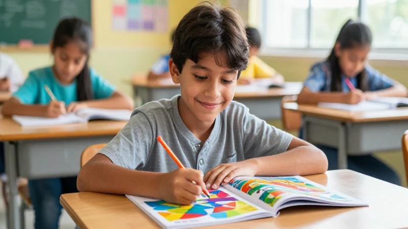 Estudiante sonriente en escena educativa vibrante
