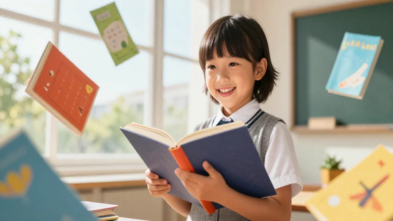 Niño alegre leyendo libros bajo luz brillante