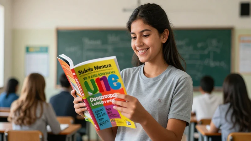 Estudiante mexicano sonríe con libro colorido en clase moderna