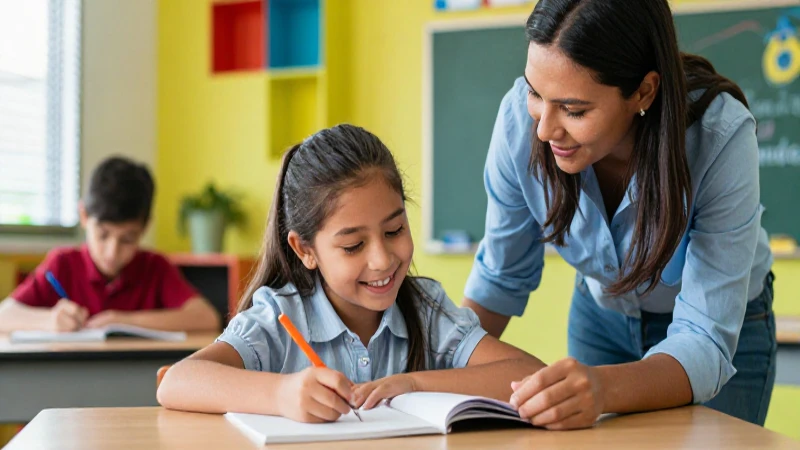 ¡Triunfa en 5º grado con ayuda académica para tu libro de secundaria! 3 Niña mexicana estudiando con mentor en aula vibrante