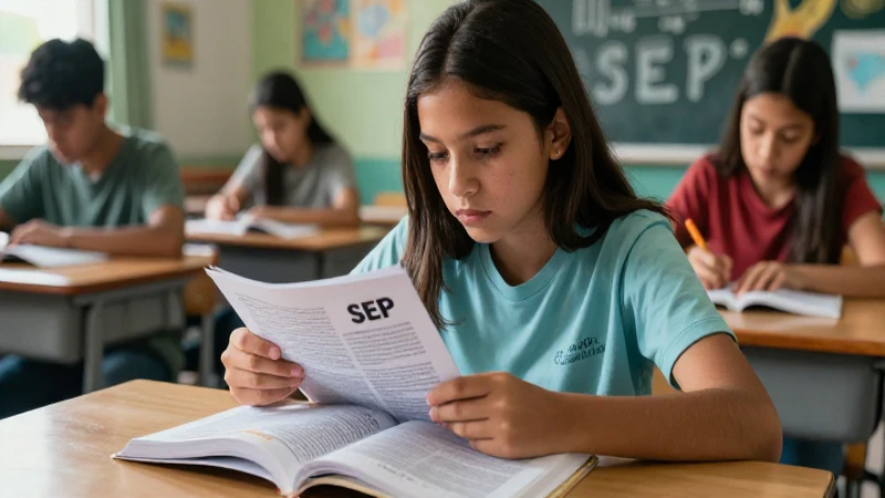 Estudiante adolescente estudia libro de SEP en aula moderna